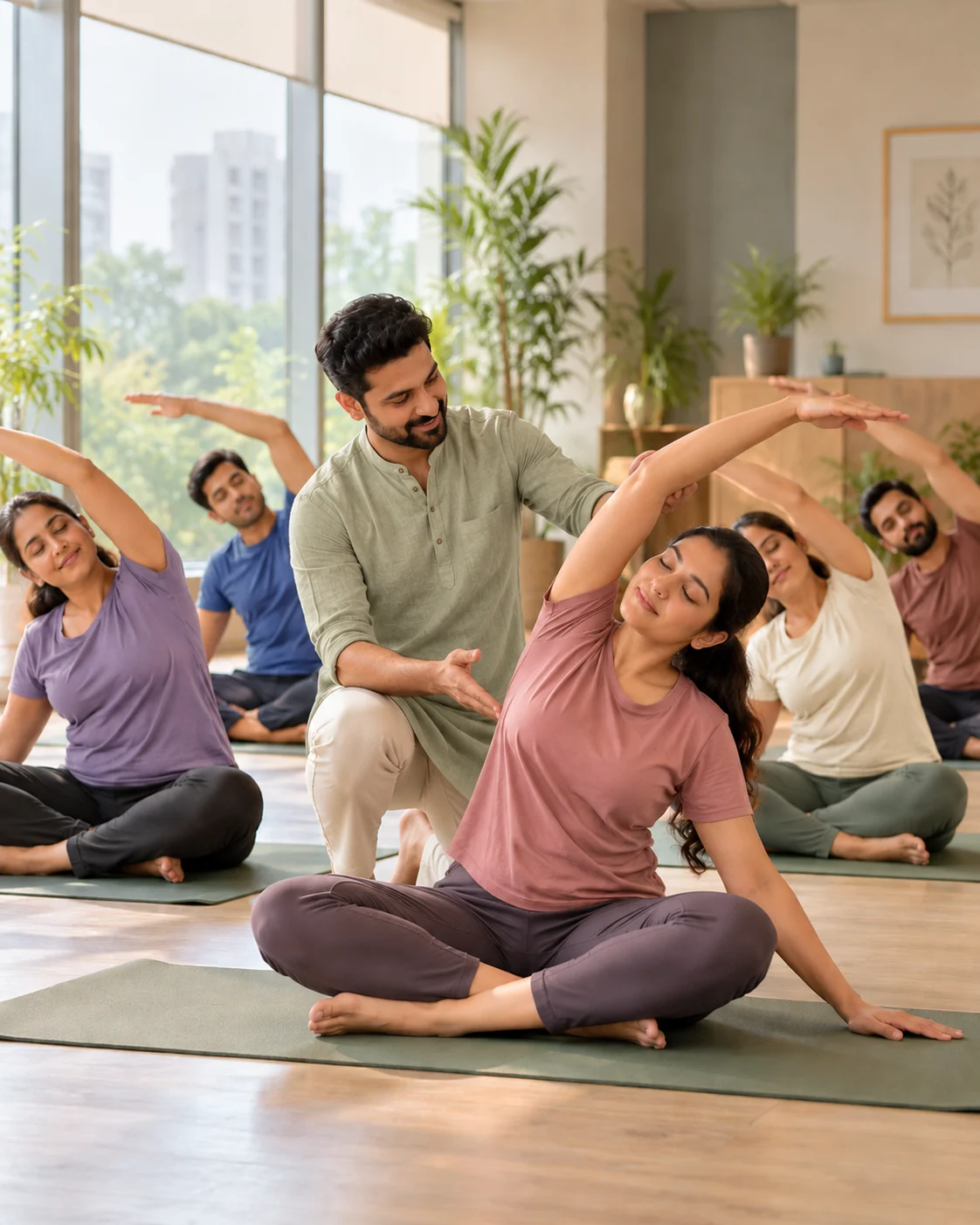Employees doing a guided side stretch in a corporate yoga session near Baner
